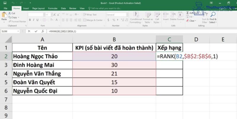 xếp hạng trong Excel