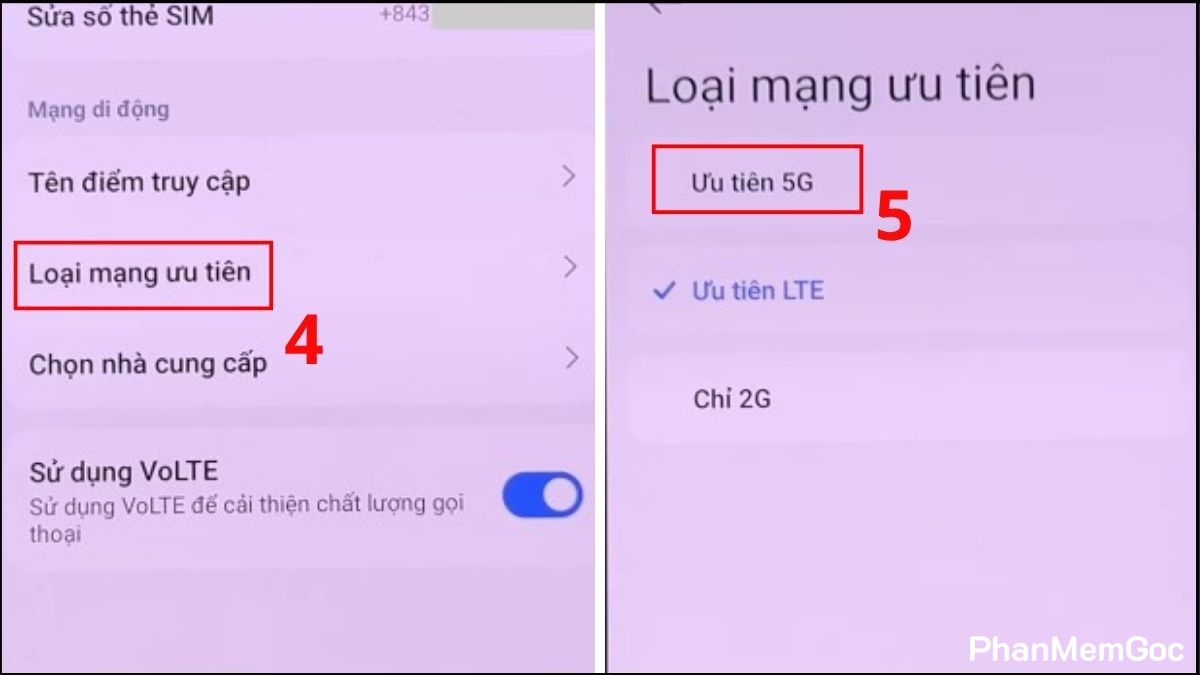 Nhấn chọn Loại mạng ưu tiên