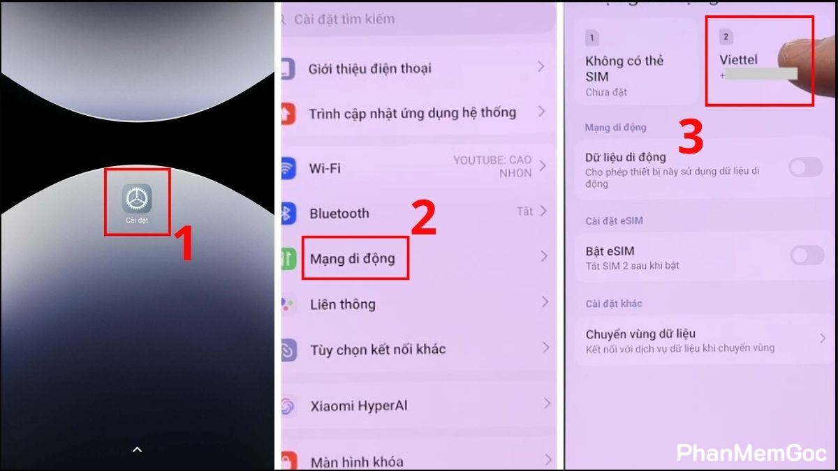 Mở Cài đặt và Mạng di động