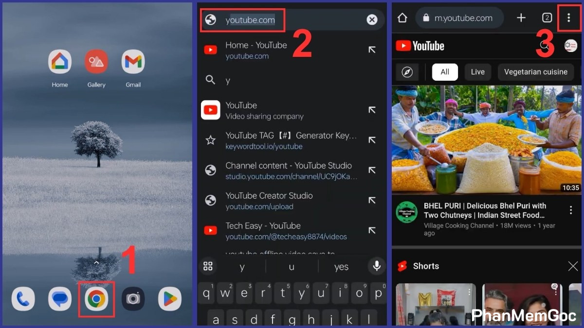 Cách nghe nhạc trên YouTube khi tắt màn hình Xiaomi qua trình duyệt Chrome bước 1, 2, 3