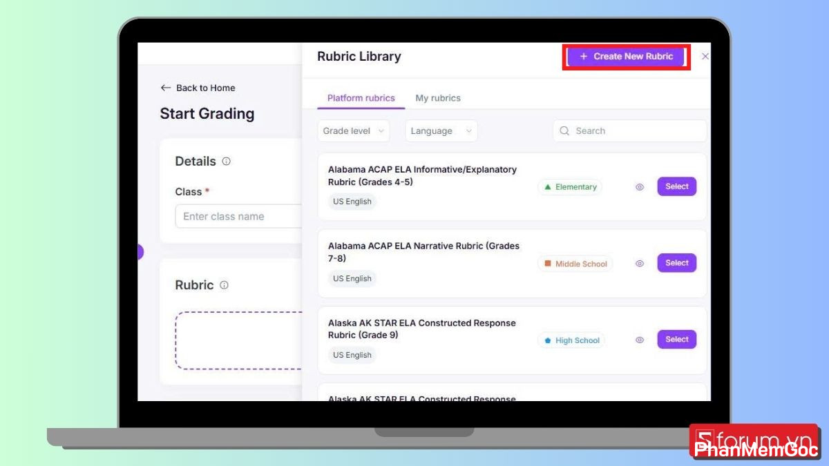 huong-dan-cham-diem-nhan-xet-loi-bang-cong-cu-ai-9 Bạn bấm chọn mục Rubric, chọn Create New Rubric