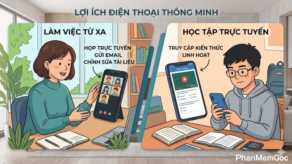 Hỗ trợ công việc, học tập từ xa là lợi ích của điện thoại thông minh