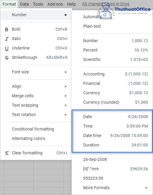 định dạng số trong Google Sheets